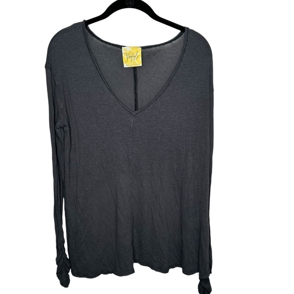 Free People Women’s Gray V Neck L/S Top Blouse Size S High Back Ruched Sleeves